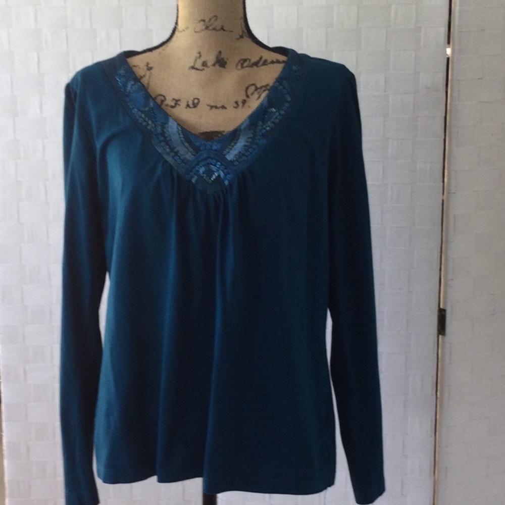 Teal Long Sleeve Top with Embroidered Neckline